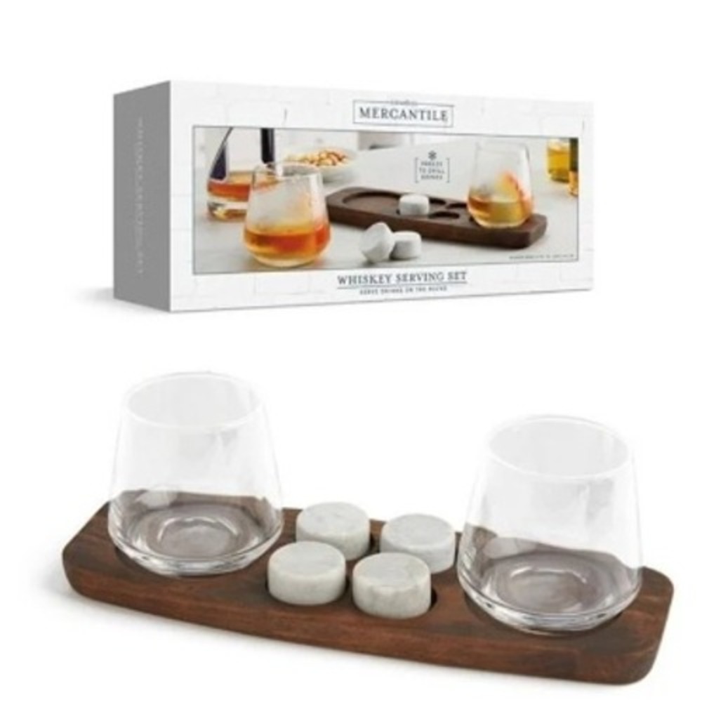 Studio Mercantile Whiskey Chilling Serving Tray Set Glasses Stones Wood Tray New
